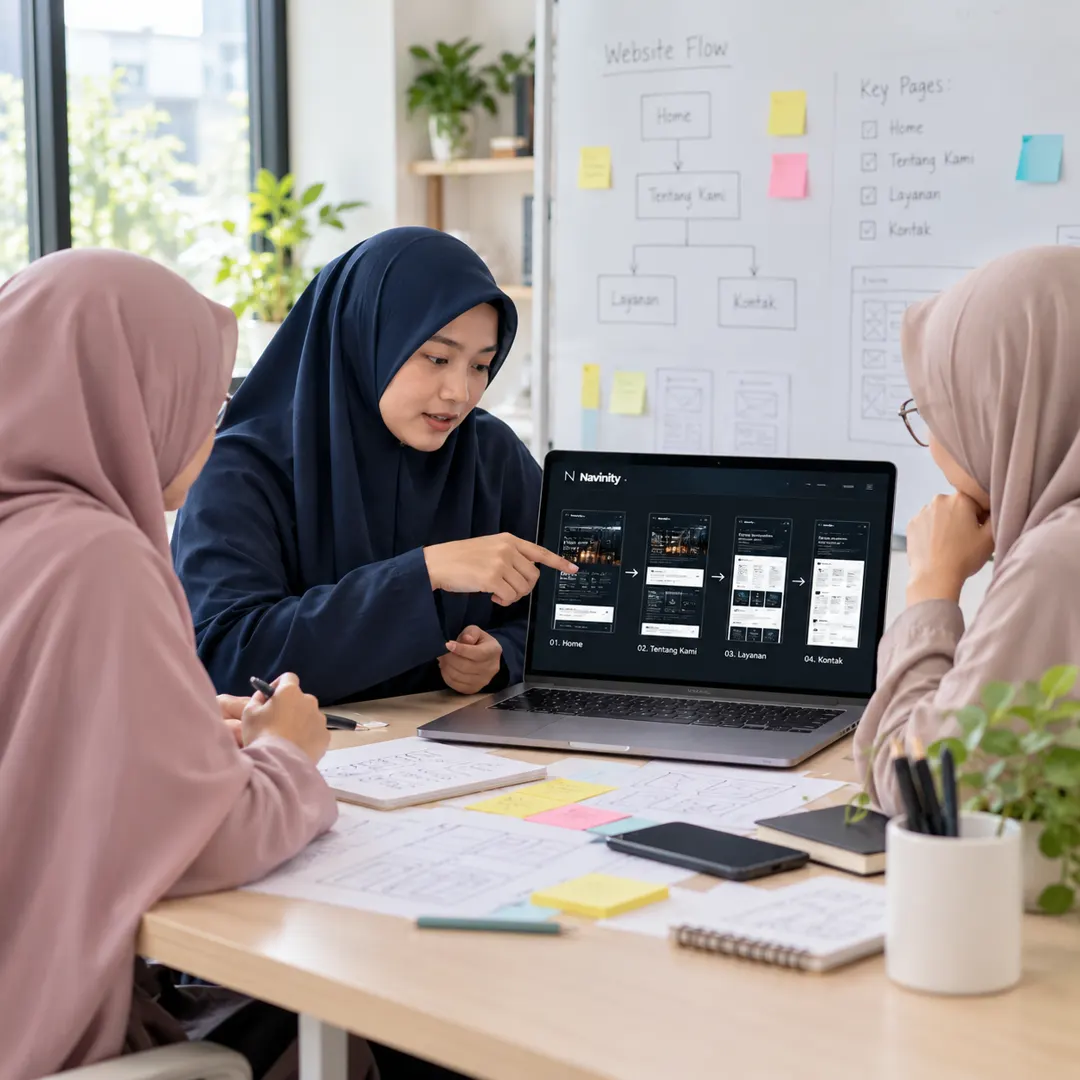 Tim mendiskusikan alur website untuk konversi pengunjung